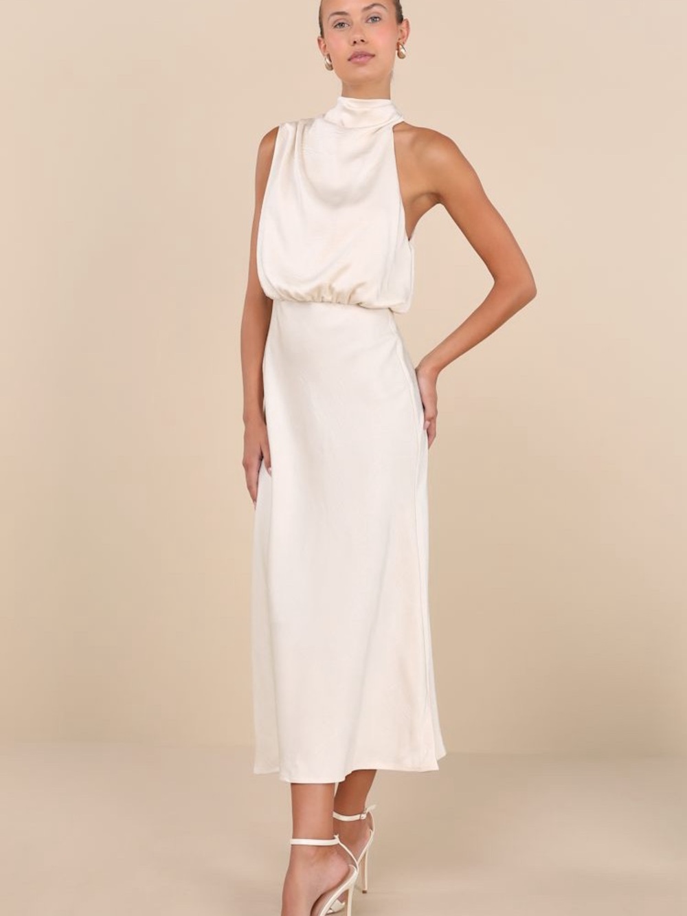 En Saison Greta Champagne Satin Midi Dress Mock Neck Long Ties Premium Feminine